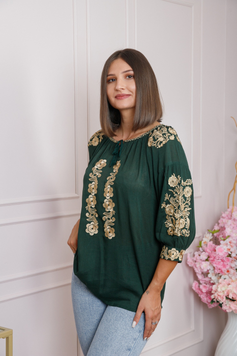 Bluza verde cu motiv floral auriu Iasmina 05 - maneca scurta [3]