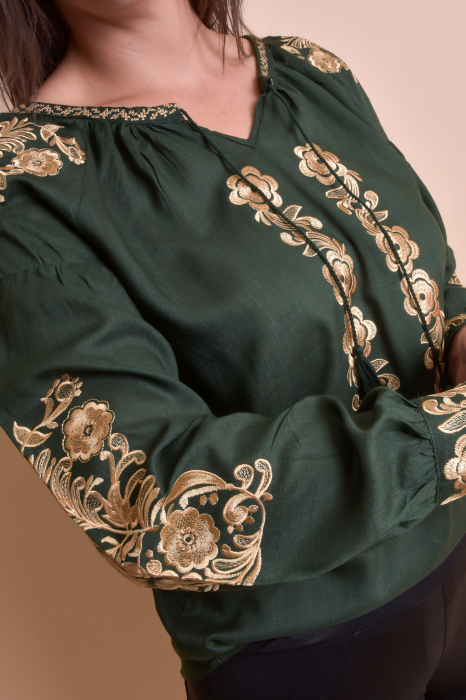 Bluza verde cu motiv floral auriu Iasmina 05 - maneca lunga [4]
