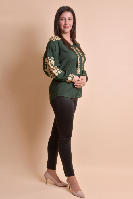Bluza verde cu motiv floral auriu Iasmina 05 - maneca lunga [7]