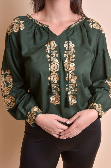 Bluza verde cu motiv floral auriu Iasmina 05 - maneca lunga [2]