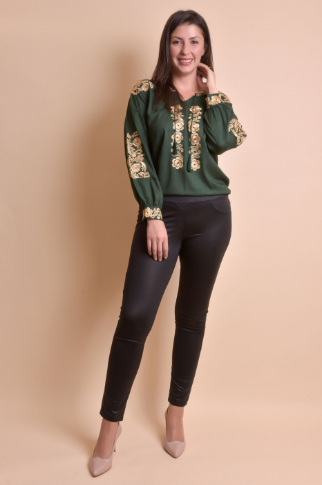 Bluza verde cu motiv floral auriu Iasmina 05 - maneca lunga [9]