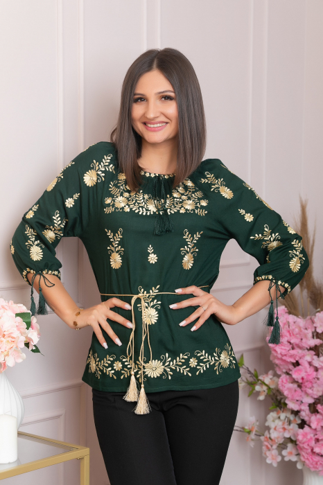 Bluza verde cu motiv floral auriu Tania 01