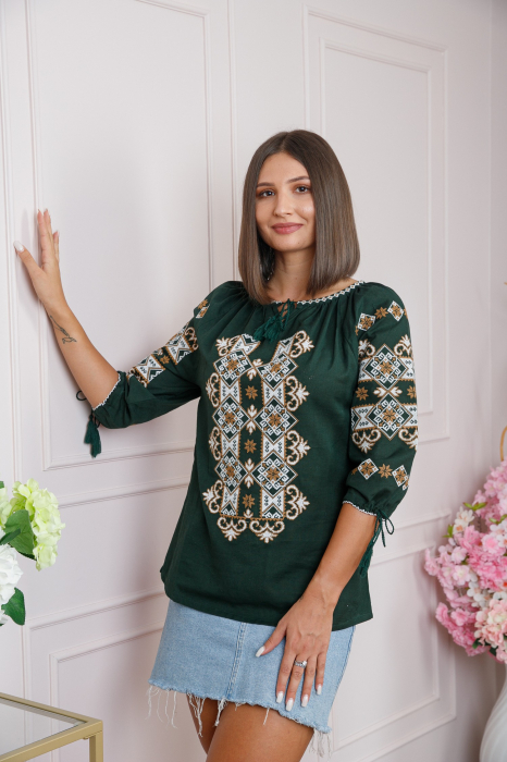 Bluza verde cu motiv floral crem Codrina [3]