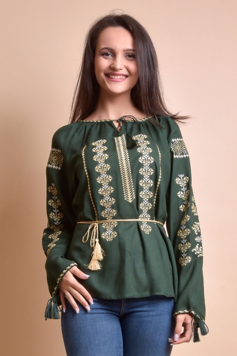 Bluza verde cu motiv geometric auriu Melissa 04 - maneca lunga [3]