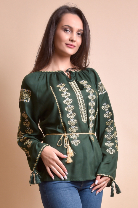 Bluza verde cu motiv geometric auriu Melissa 04 - maneca lunga [5]