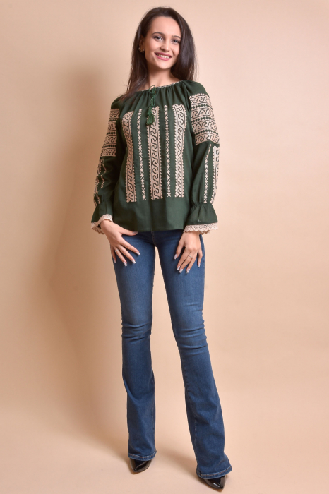 Bluza verde cu motiv geometric crem Anca - maneca lunga [3]