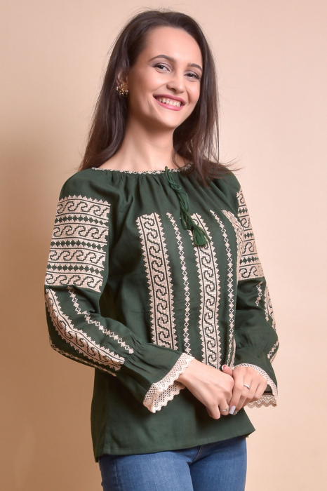 Bluza verde cu motiv geometric crem Anca - maneca lunga [4]