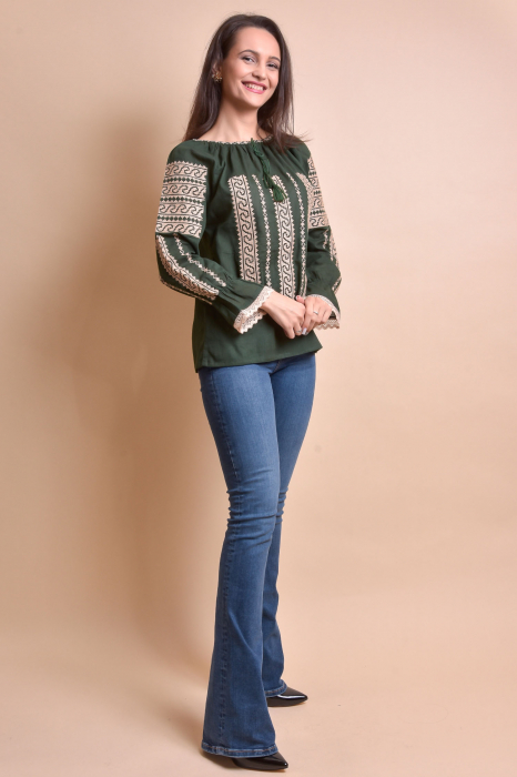 Bluza verde cu motiv geometric crem Anca - maneca lunga [6]