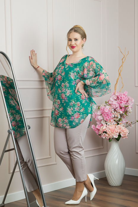 Bluza verde din voal cu imprimeu floral si maneci fluture [4]