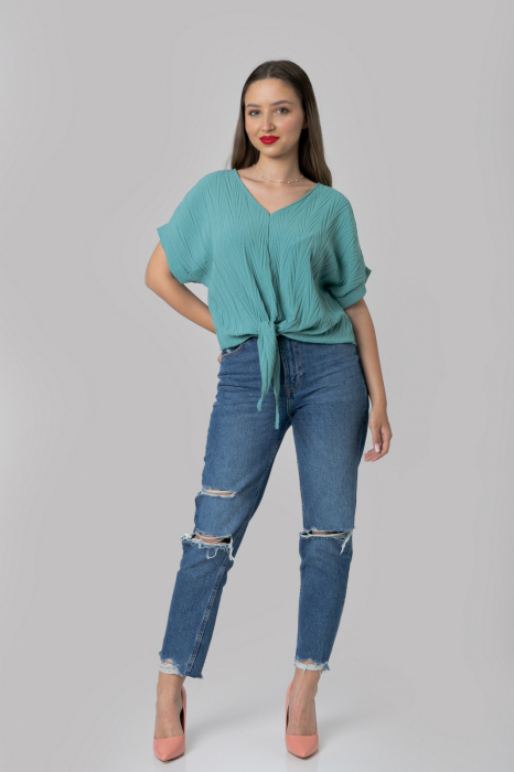 Bluza verde mint casual cu aspect texturat si nod in talie [4]
