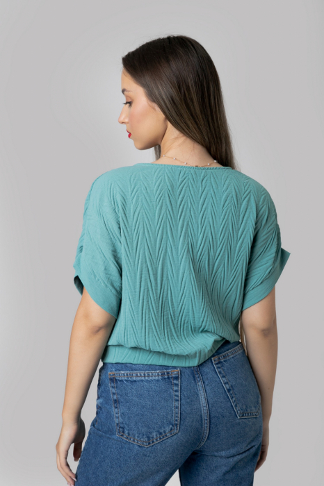 Bluza verde mint casual cu aspect texturat si nod in talie [3]