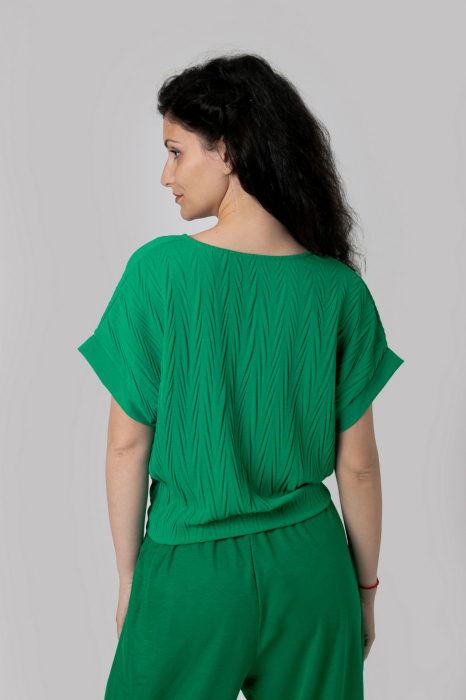 Bluza verde smarald casual cu aspect texturat si nod in talie [3]