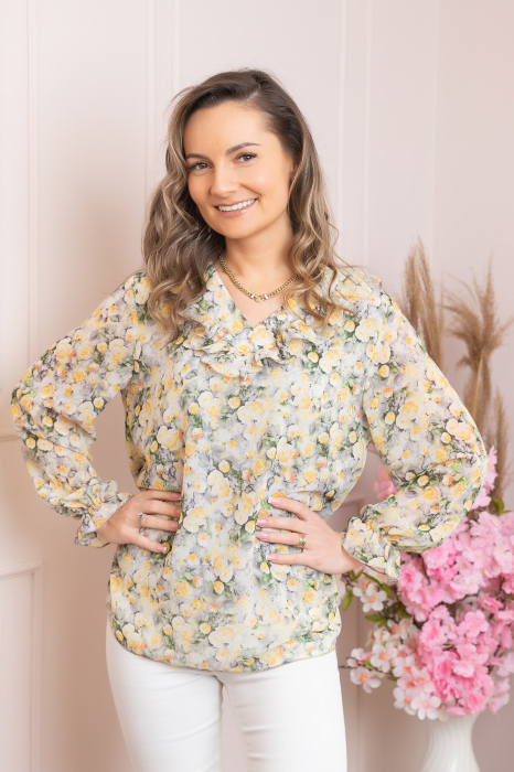 Bluza Vivienne din voal cu volanase si imprimeuri florale galbene [3]