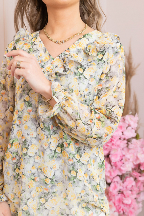 Bluza Vivienne din voal cu volanase si imprimeuri florale galbene [2]