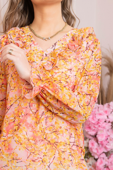 Bluza Vivienne din voal cu volanase si imprimeuri florale orange [2]