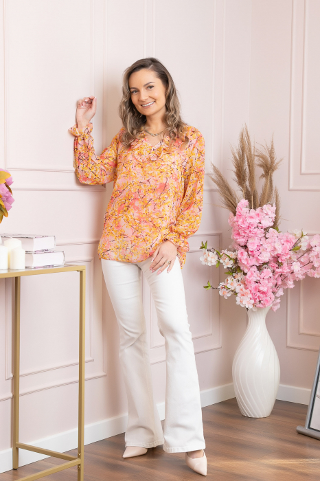 Bluza Vivienne din voal cu volanase si imprimeuri florale orange [4]