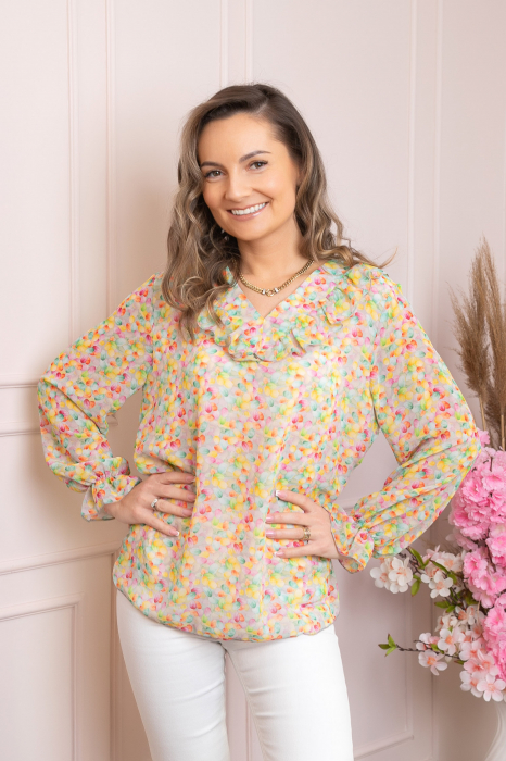 Bluza Vivienne din voal cu volanase si imprimeuri florale roz pastel [3]