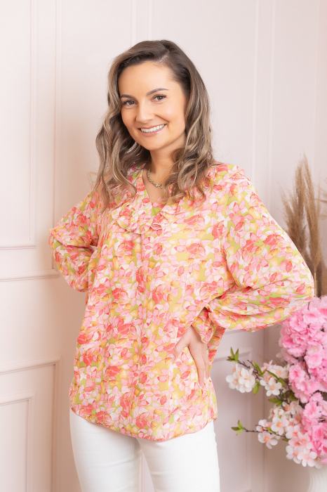 Bluza Vivienne din voal cu volanase si imprimeuri florale roz somon [3]