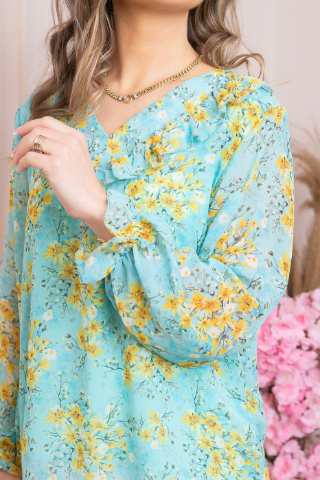 Bluza Vivienne din voal cu volanase si imprimeuri florale turcoaz [2]