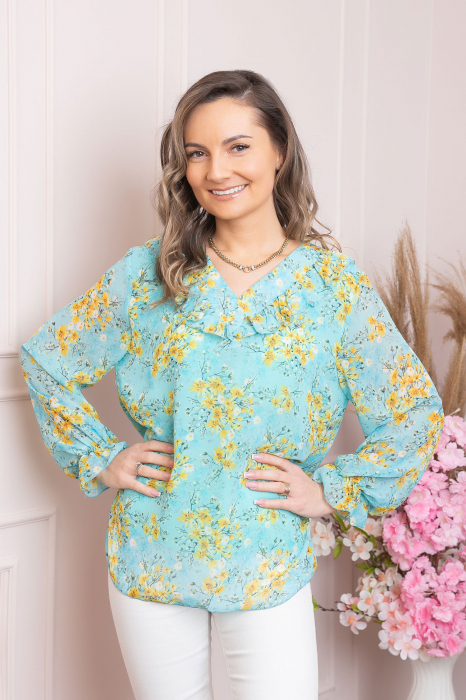 Bluza Vivienne din voal cu volanase si imprimeuri florale turcoaz [3]