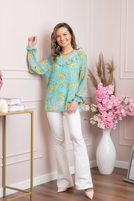Bluza Vivienne din voal cu volanase si imprimeuri florale turcoaz [4]