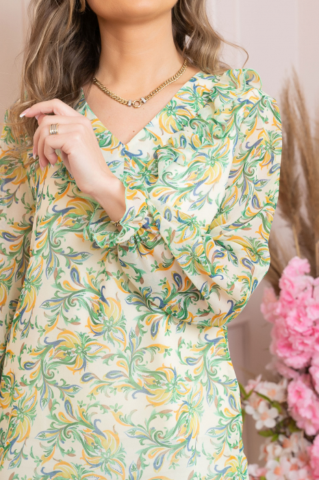 Bluza Vivienne din voal cu volanase si imprimeuri florale verzi [2]