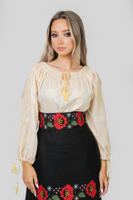 Brau traditional negru cu motiv floral rosu Zina [2]