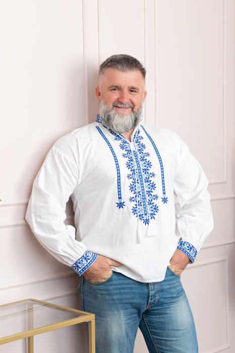 Camasa barbateasca traditionala alba cu motiv floral albastru Dragos [3]