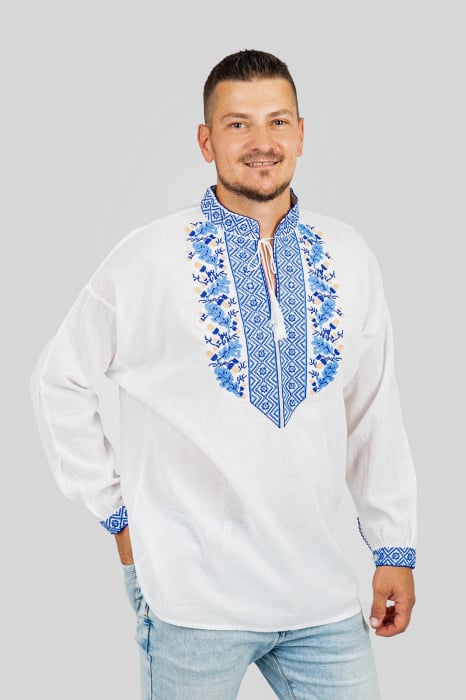 Camasa barbateasca traditionala alba cu motiv floral albastru Dominic 02 [4]