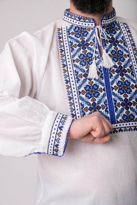 Camasa barbateasca traditionala alba cu motiv floral albastru Iosif 01 [2]