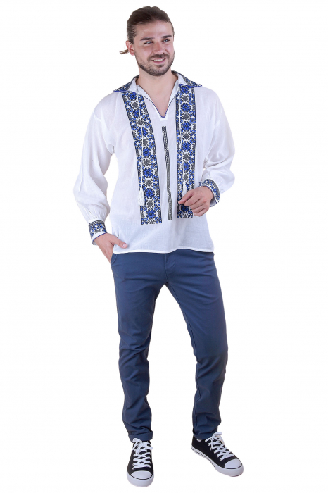 Camasa barbateasca traditionala alba cu motiv floral albastru Gabriel 03 [6]