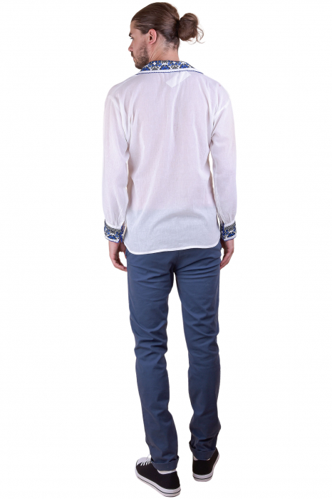 Camasa barbateasca traditionala alba cu motiv floral albastru Gabriel 03 [3]