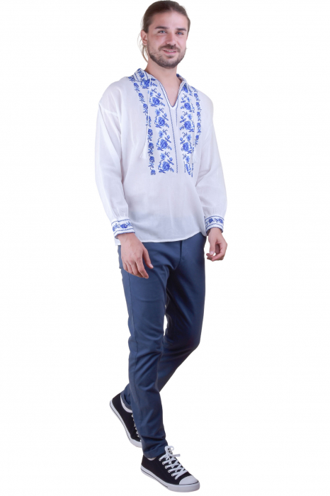 Camasa barbateasca traditionala alba cu motiv floral albastru Pavel [6]
