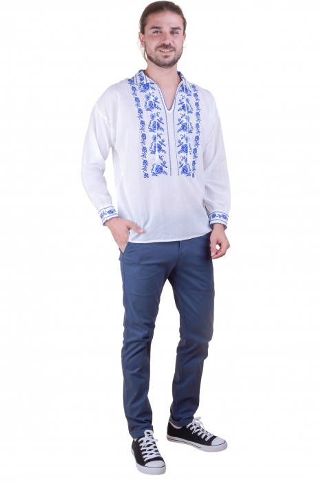 Camasa barbateasca traditionala alba cu motiv floral albastru Liviu 01 [4]