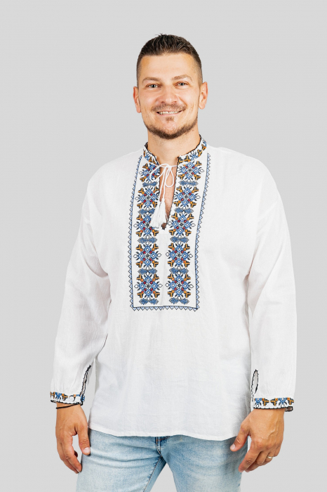 Camasa barbateasca traditionala alba cu motiv floral albastru Rafael [4]