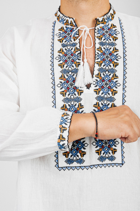Camasa barbateasca traditionala alba cu motiv floral albastru Rafael [2]
