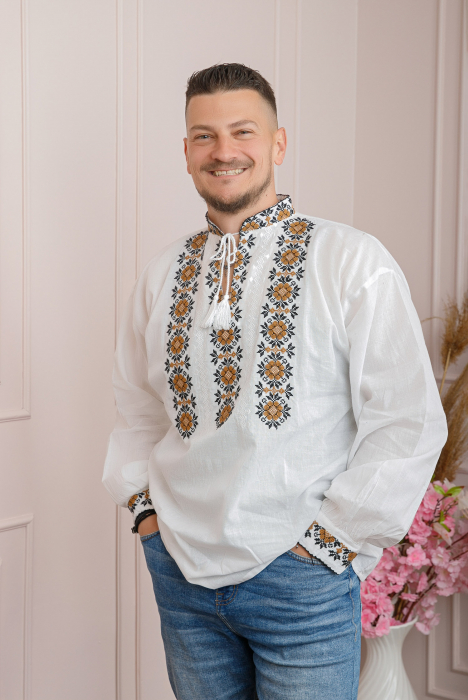 Camasa barbateasca traditionala alba cu motiv floral crem Marc