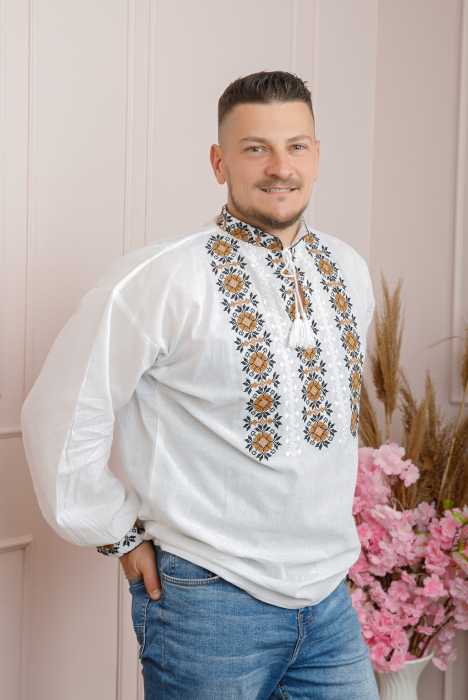 Camasa barbateasca traditionala alba cu motiv floral crem Marc [3]