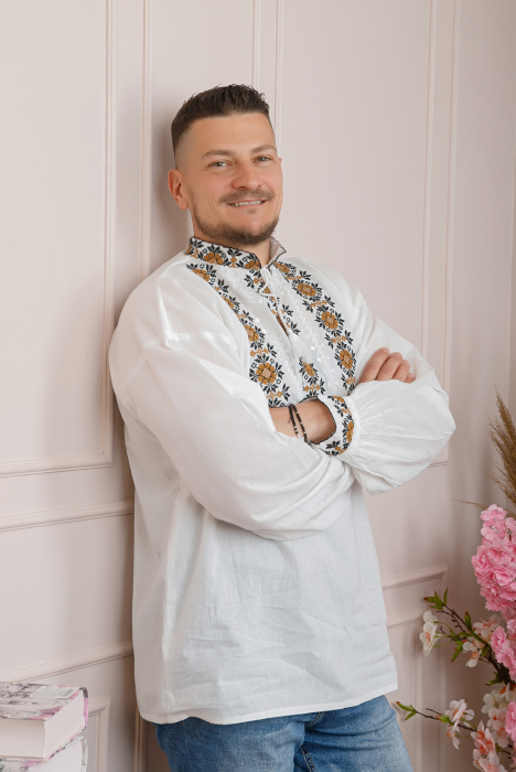 Camasa barbateasca traditionala alba cu motiv floral crem Marc [4]