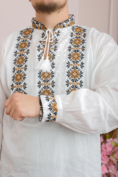 Camasa barbateasca traditionala alba cu motiv floral crem Marc [2]
