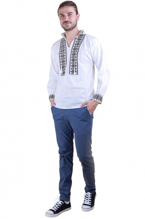 Camasa barbateasca traditionala alba cu motiv floral maro Ciprian [5]