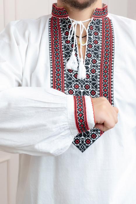 Camasa barbateasca traditionala alba cu motiv floral multicolor Camil [2]