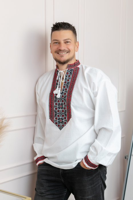 Camasa barbateasca traditionala alba cu motiv floral multicolor Camil [4]