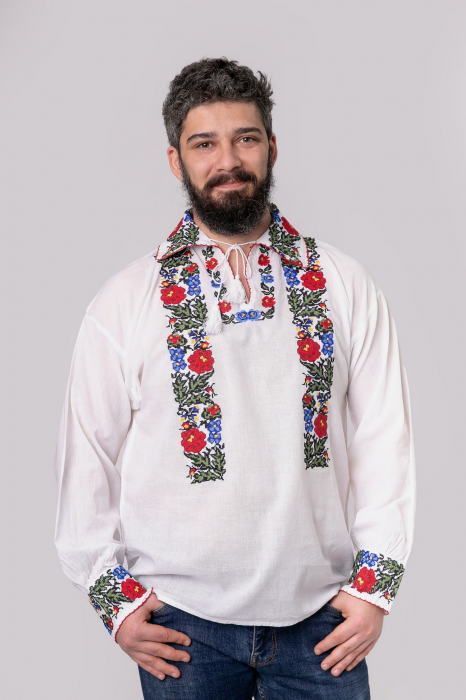 Camasa barbateasca traditionala alba cu motiv floral multicolor Dacian