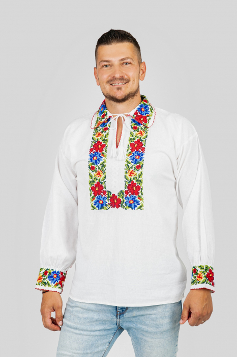 Camasa barbateasca traditionala alba cu motiv floral multicolor Florian [4]
