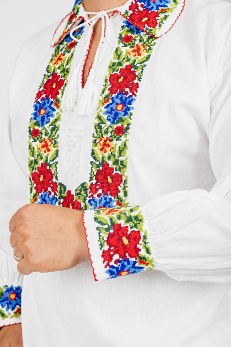 Camasa barbateasca traditionala alba cu motiv floral multicolor Florian [2]