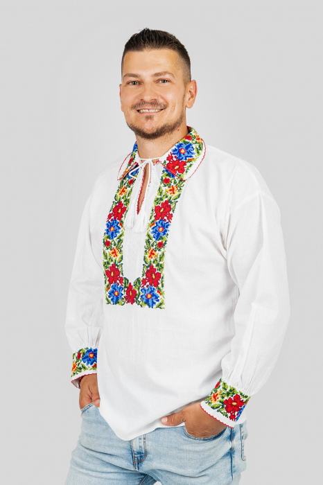 Camasa barbateasca traditionala alba cu motiv floral multicolor Florian