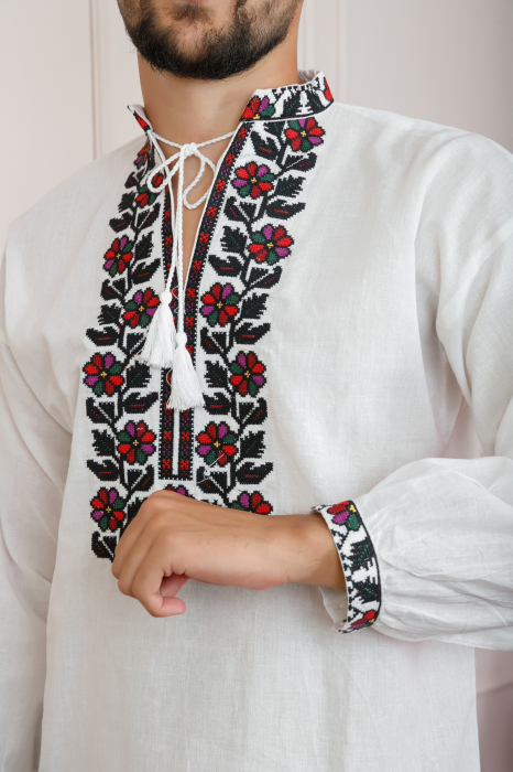 Camasa barbateasca traditionala alba cu motiv floral multicolor Mateo [2]