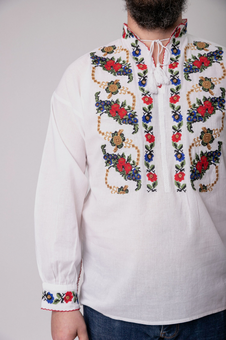 Camasa barbateasca traditionala alba cu motiv floral multicolor Narcis [2]