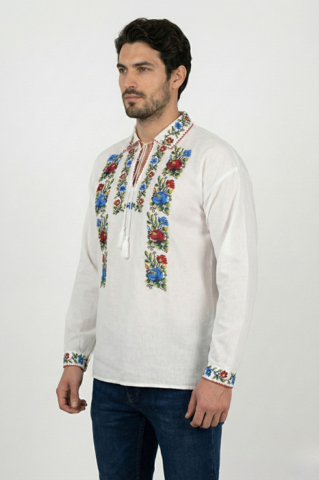 Camasa barbateasca traditionala alba cu motiv floral multicolor Sergiu [2]